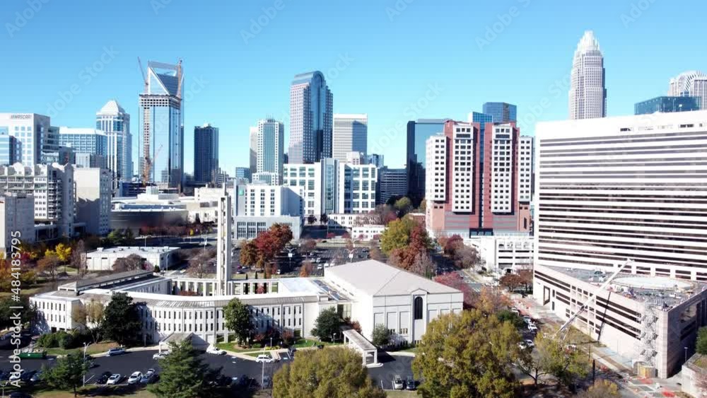 Uptown downtown aerial view of Charlotte, North Carolina. Slowly rising to reveal skyline. Uptown downtown aerial view of Charlotte, North Carolina. Slowly rising to reveal skyline.