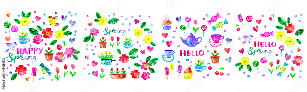 custom made wallpaper toronto digitalSpring season background with flowers, birds, hearts, teapot, cup, cake, candy, popsicles