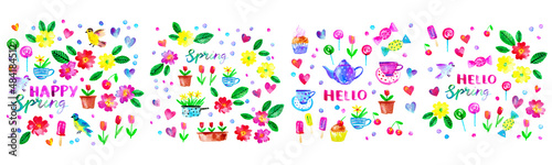 Wallpaper Mural Spring season background with flowers, birds, hearts, teapot, cup, cake, candy, popsicles Torontodigital.ca