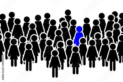 Crowd of men and women, black icons isolated on white background, one of them standing out in blue color
