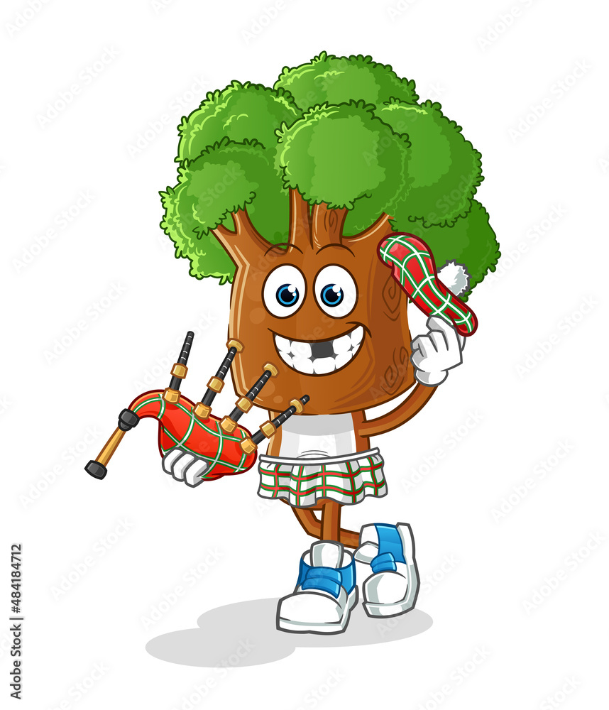 Obraz premium tree head cartoon scottish with bagpipes vector. cartoon character