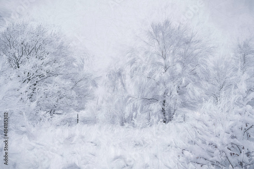 Digital painting of a rural winter snow scene on Wetley Moor, Staffordshire, UK.