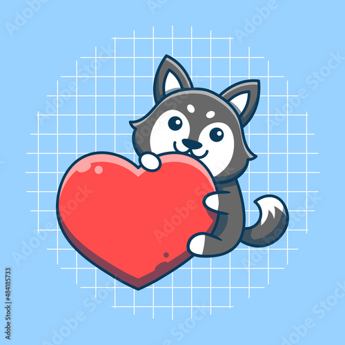 Cute husky dog character hugging heart vector illustration. Flat cartoon style. Isolated cute husky dog concept. Valentine theme.