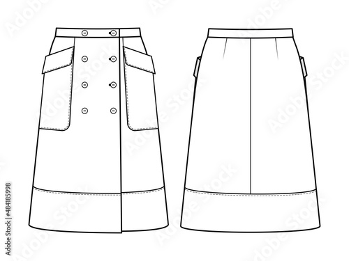 Fashion technical drawing of double-breasted skirt