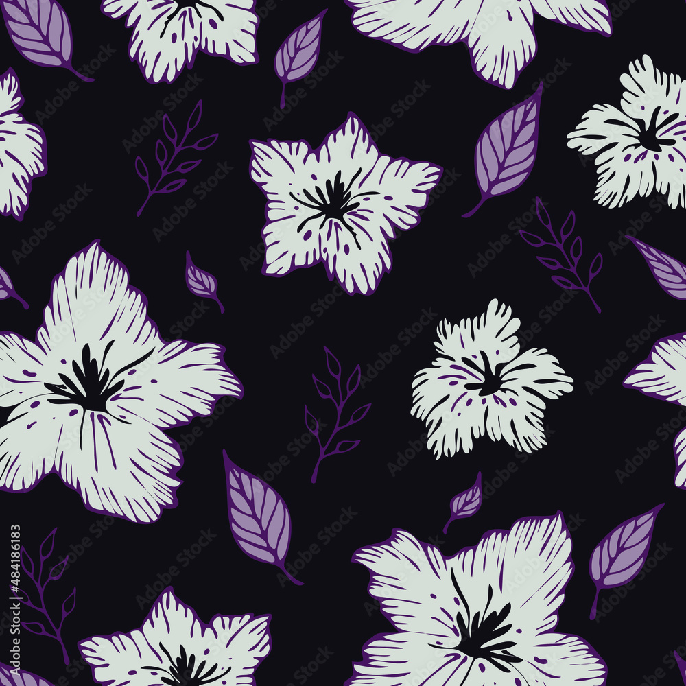 Seamless vector pattern with white lilies on purple background. Simple romantic flower bloom wallpaper design. Decorative floral fashion textile.