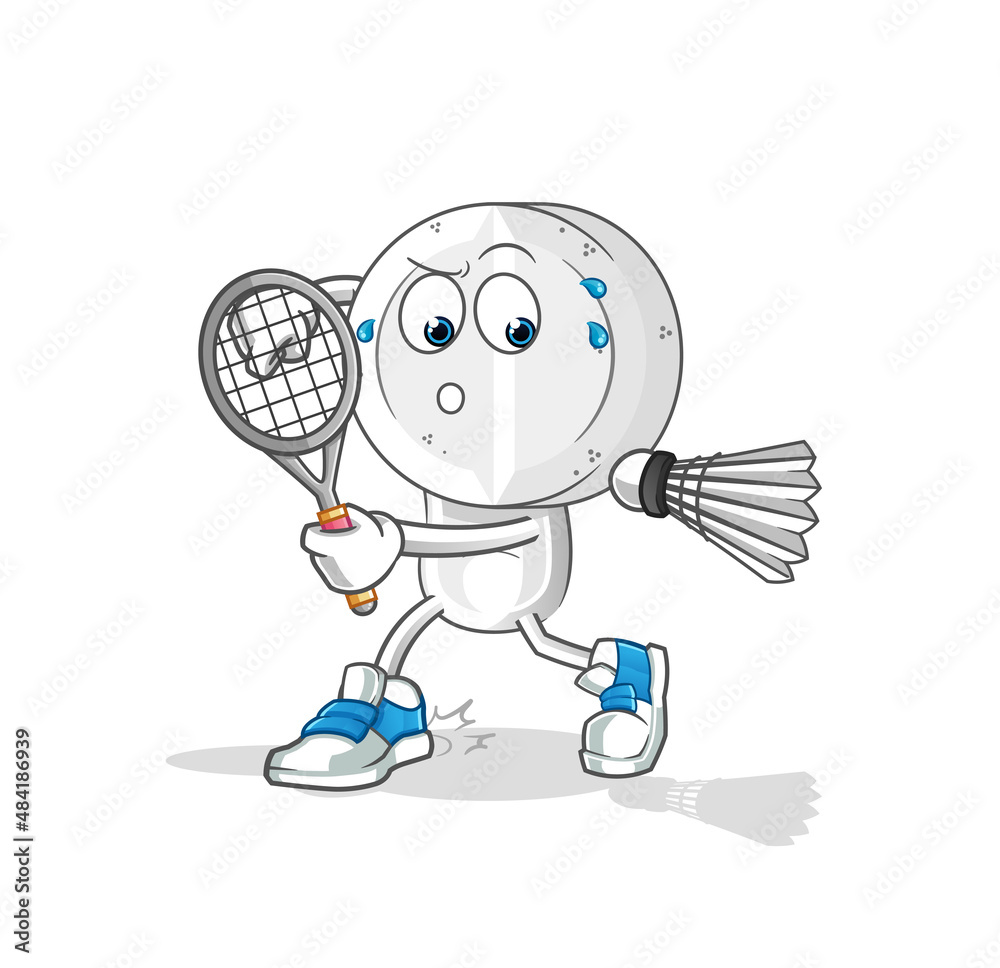 medicine tablet head cartoon playing badminton illustration. character vector