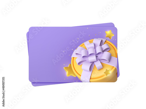 Gift card or gift certificate or voucher or discount card design template Purple cards with yellow gift box and bows and star. Realistic 3d illustration.