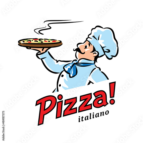 Funny chef with pizza. Emblem or logo design