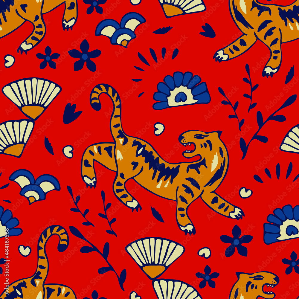 Seamless vector pattern with hand drawn tiger on red background. Chines year animal wallpaper design. Decorative traditional fashion textile. Seamless vector pattern with hand drawn tiger on red background. Chines year animal wallpaper design. Decorative traditional fashion textile.