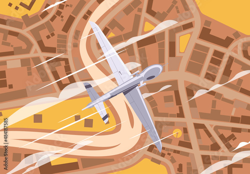 vector illustration of an unmanned aerial vehicle flying over a residential area top view