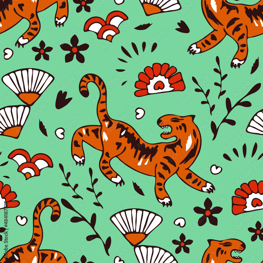 Seamless vector pattern with Asian tiger on light blue background. Simple animal wallpaper design. Decorative lunar fashion textile. Seamless vector pattern with Asian tiger on light blue background. Simple animal wallpaper design. Decorative lunar fashion textile.
