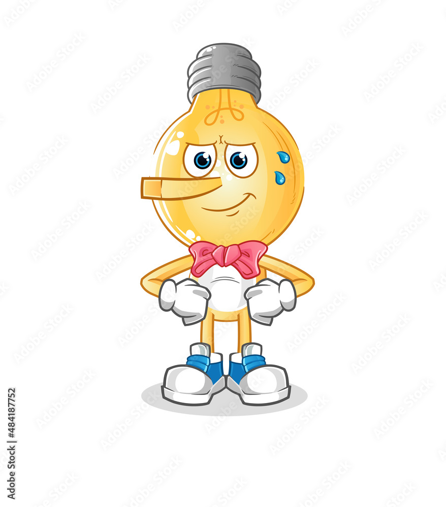 light bulb head cartoon lie like Pinocchio character. cartoon vector