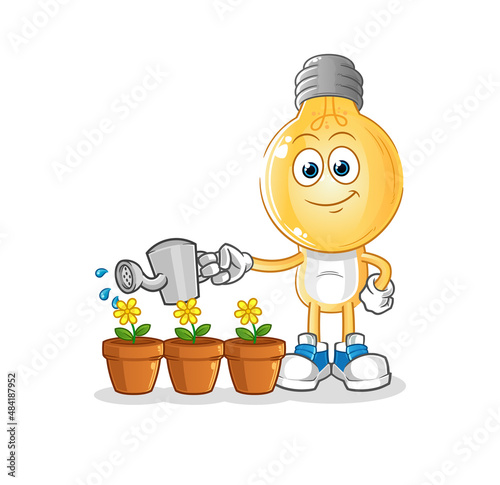 light bulb head cartoon watering the flowers mascot. cartoon vector