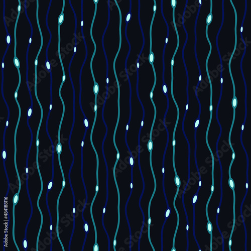 Seamless vector pattern with vertical shine lines on black background. Simple wavy glow stripe wallpaper design. Decorative neon fashion textile.