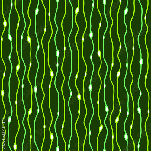 Seamless vector pattern with vertical glowing lines on green background. Simple stripe texture wallpaper design. Decorative neon fashion textile.