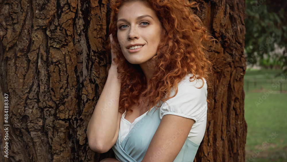 young and curly redhead woman smiling near tree in park. young and curly redhead woman smiling near tree in park.