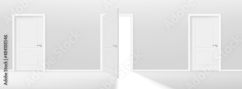 Three doors one of them is opening. Realistic 3d style vector illustration