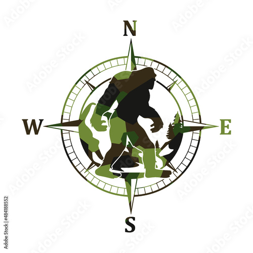 Bigfoot Illustration Clip Art Design Shape. Compass Camo Silhouette Icon Vector.