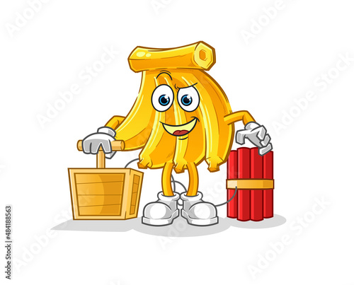 Banana holding dynamite detonator. cartoon mascot vector