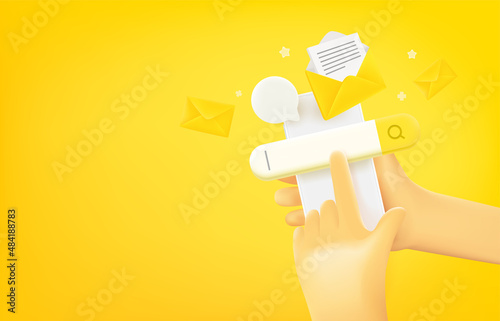 Online searching emails via mobile phone. 3d vector banner with copy space