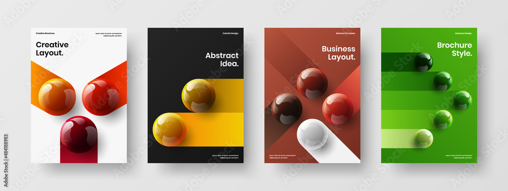 Colorful realistic balls poster layout set. Abstract catalog cover A4 design vector illustration composition.