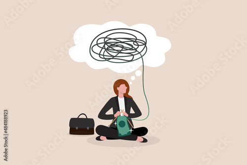 Turn crisis into opportunity, make profit in market crash, optimistic to find solution in uncertainty, positive mindset to success concept, optimistic businesswoman knitting to turn mess line to money
