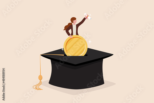 Education fund for college, saving for school or university tuition fee, study cost or training expense concept, young woman insert money coin into mortarboard saving box while holding degree scroll.