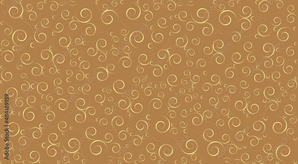 Original abstract graphic wallpaper. Curls and circles of different sizes of light brown color are dispersed on a brown background.