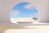 3D abstract podium and building on the desert against blue sky background. 3D rendering of realistic display podium for advertisement. 3D illustration.