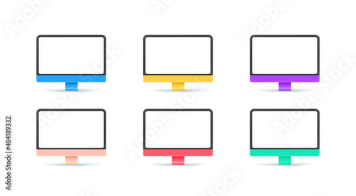 Different modern computers monitors with blank screen. Objects isolated on white background. 3d vector illustration