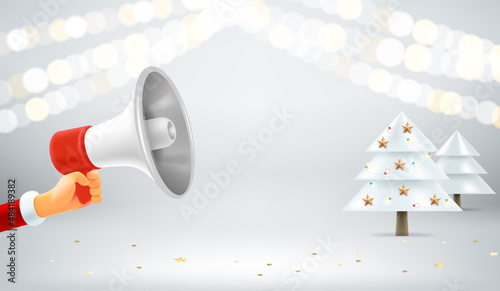 Santa claus with bullhorn on bright room with holiday accessories. 3d vector banner with copy space