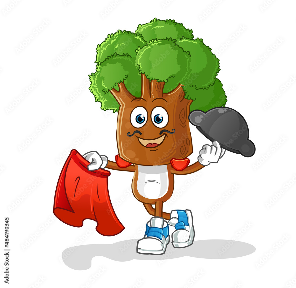 Obraz premium tree head cartoon matador with red cloth illustration. character vector