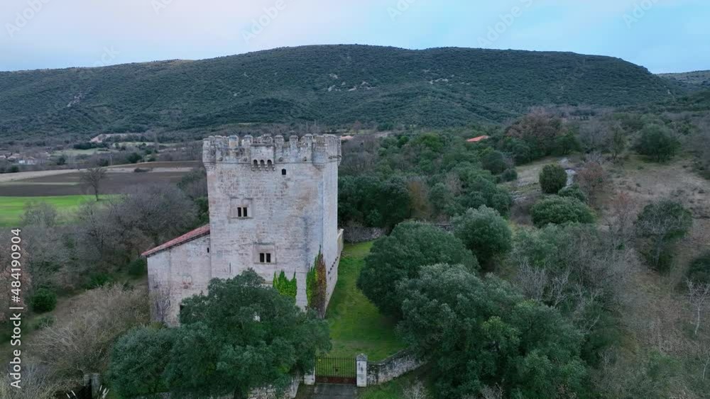 Aerial view from a drone of the Torre de Loja in the town of Quintana de Valdivielso. Valdivielso Valley. The Meringues. Burgos, Castilla y Leon, Spain, Europe Aerial view from a drone of the Torre de Loja in the town of Quintana de Valdivielso. Valdivielso Valley. The Meringues. Burgos, Castilla y Leon, Spain, Europe
