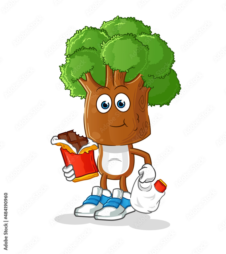 Obraz premium tree head cartoon eat chocolate mascot. cartoon vector