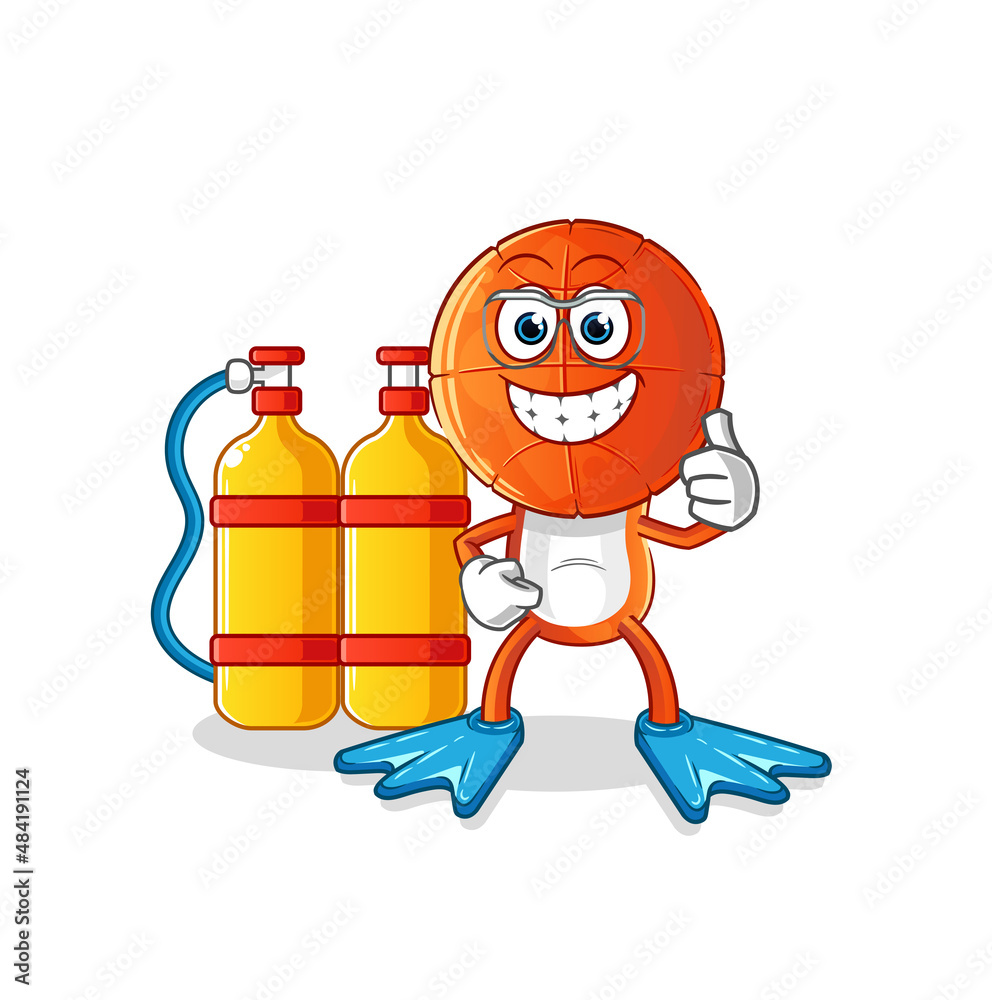 basketball head cartoon diver. cartoon mascot vector basketball head cartoon diver. cartoon mascot vector