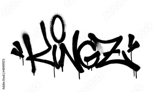 Sprayed kingz font graffiti with overspray in black over white. Vector illustration.