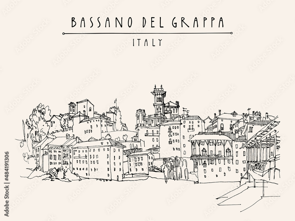 Vector Bassano del Grappa, Italy touristic postcard. Panoramic view, waterfront. Italian historic buildings in old town. Retro style postcard, poster template or calendar illustration