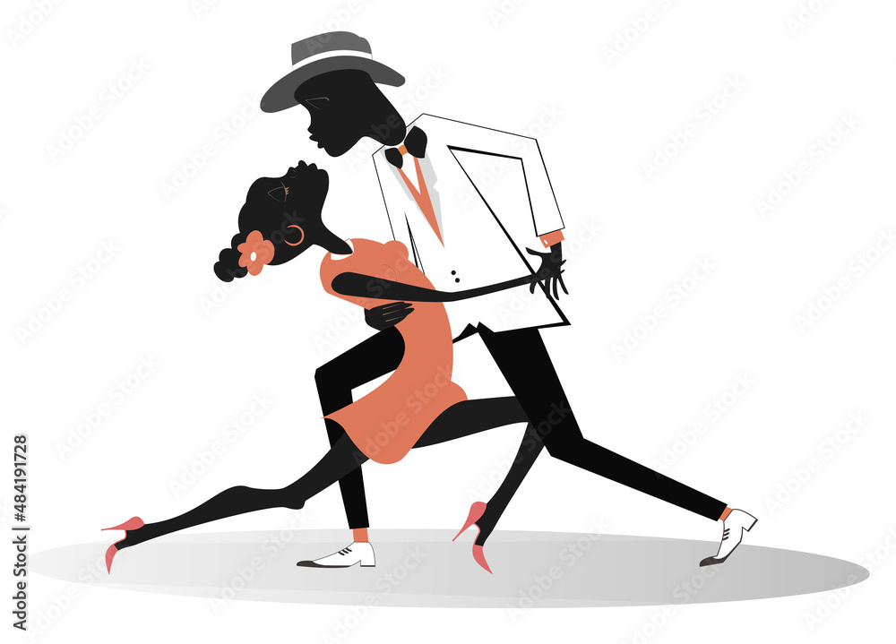 Romantic dancing young African couple illustration. 
Funny dancing young African man and woman isolated on white background
