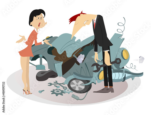 фотографія Sad man, angry woman and broken car illustration