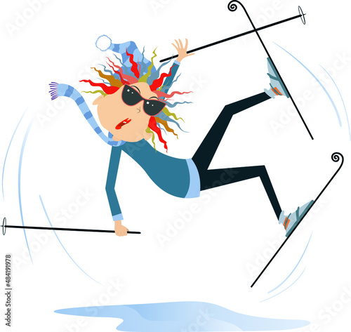 Falling skier woman illustration. 
Cartoon falling skier woman in sunglasses isolated on white

