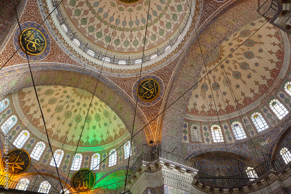 Dome of the mosque from the inside. Mosque interior. Islamic muslim art. New Mosque, Istanbul, Turkey.