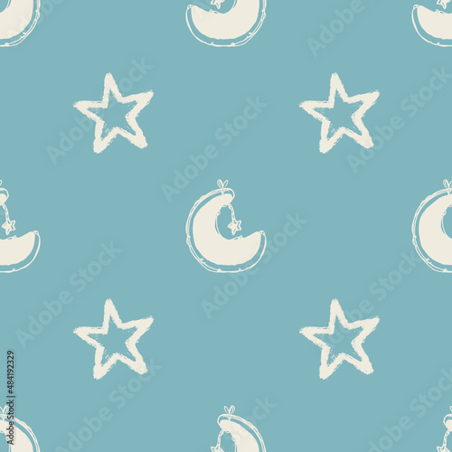Gender neutral sleepy star and moon seamless vector background. Simple whimsical romantic 2 tone pattern. Kids nursery wallpaper or scandi all over print. 