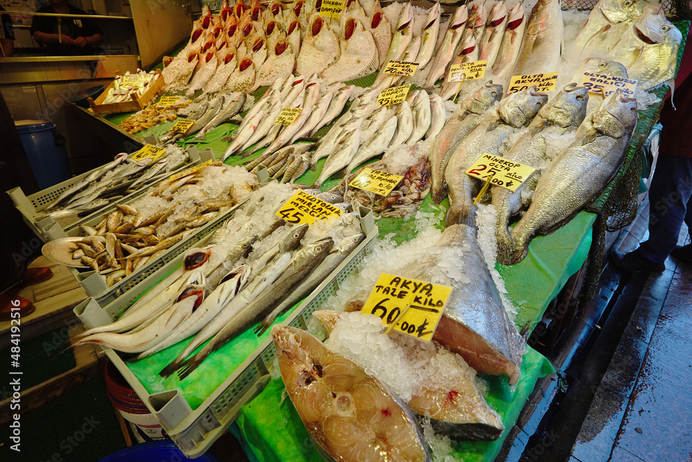 Seafood at a street market in Istanbul. Frozen fish, fish fillets, fish steaks.