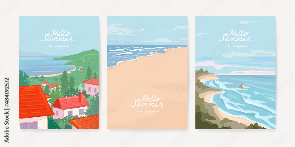 Set of nature landscape background. Hand drawn card, poster, banner or cover design template with tropical beach and forest. Vector illustration