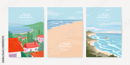 Set of nature landscape background. Hand drawn card, poster, banner or cover design template with tropical beach and forest. Vector illustration