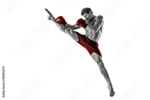 Full size of silhouette boxer who exercises thai boxing art. white background. Red sportswear.