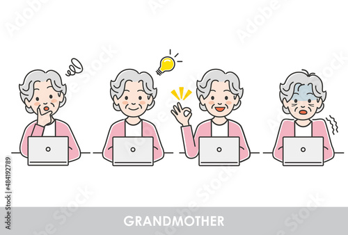 パソコンで仕事中の高齢者女性の表情のパターンイラスト