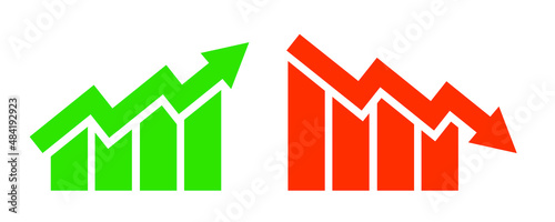 Graph going Up and Down sign with green and red arrows vector. Flat design vector illustration concept of sales bar chart symbol icon with arrow moving down and sales bar chart with arrow moving up.