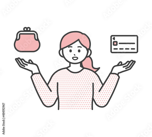 若い女性がクレジットカードと現金で決済方法を比べるイラスト素材