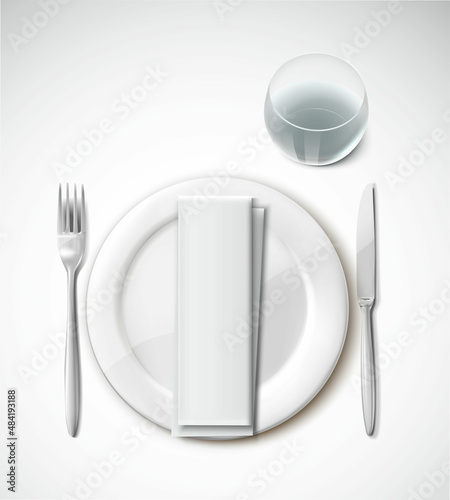 3d realistic vector icon set. Cutlery silver set with fork and knife and round serving plate and napkin, glass of water. Top view.